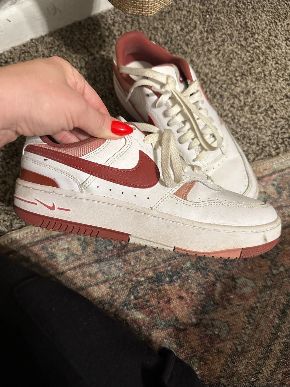 Nike White Leather Sneakers with Brick Red Accents